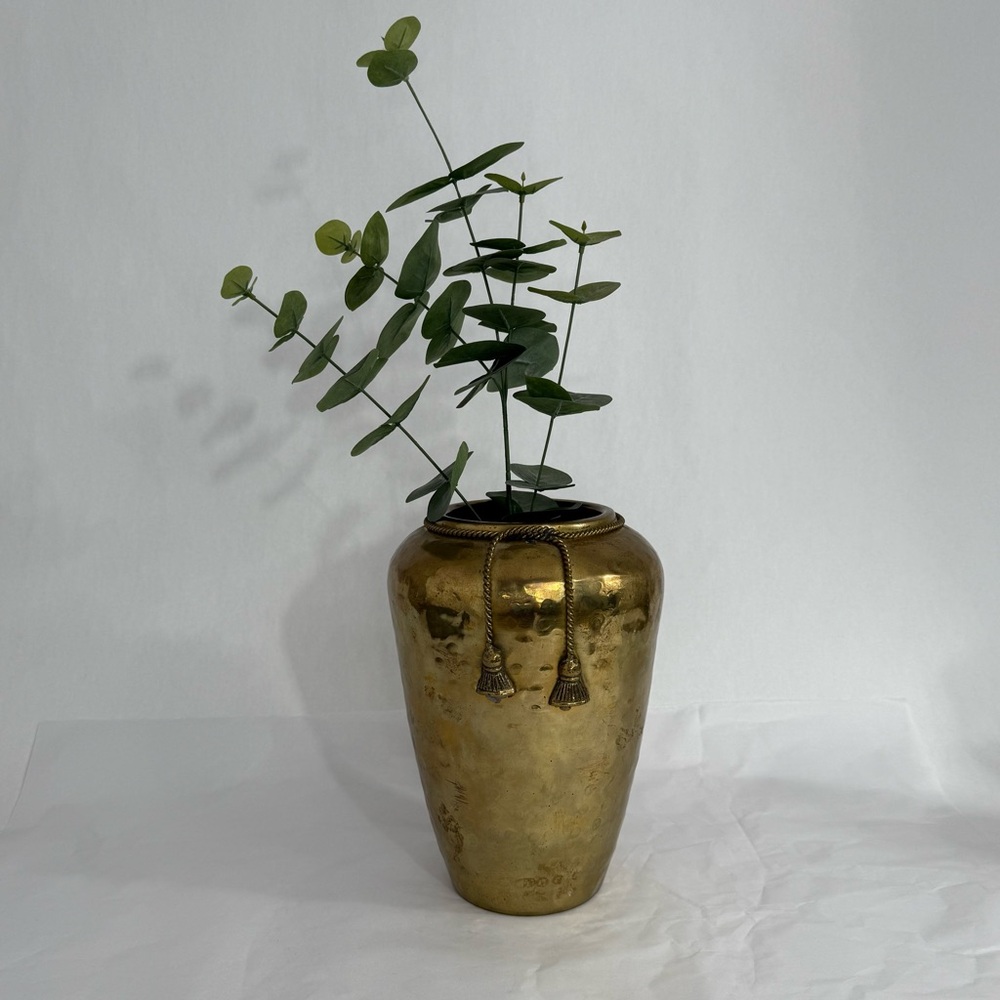 Vintage Style Tall Brass Vessel Vase / Planter with Braided Bow 9”